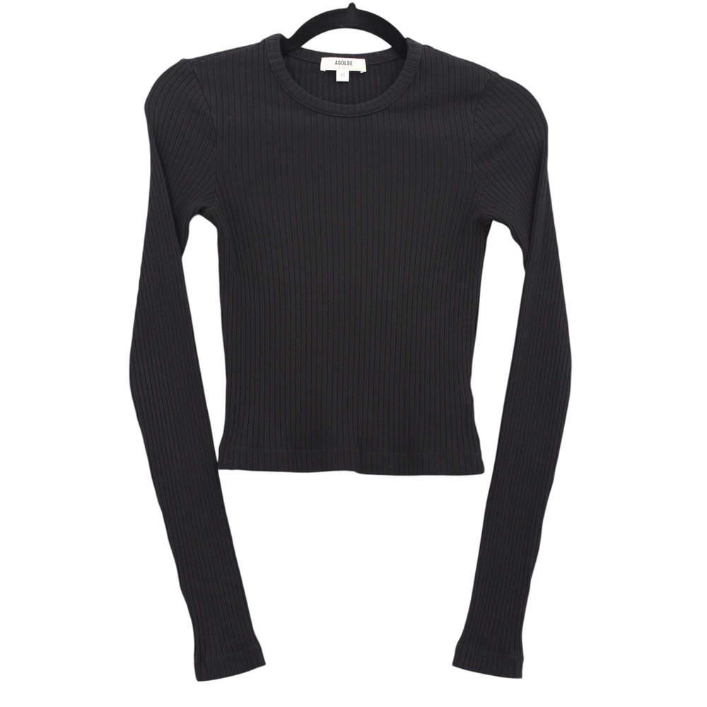 AGOLDE Alma Shrunken Crew Neck Ribbed‎ Long Sleeve Top Black XS A7119-1387 - Picture 3 of 9